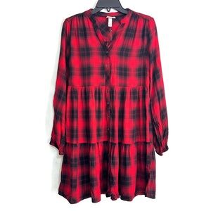 Knox Rose Women’s Red Black Plaid V-Neck Long Sleeve Button Down Dress - NWT